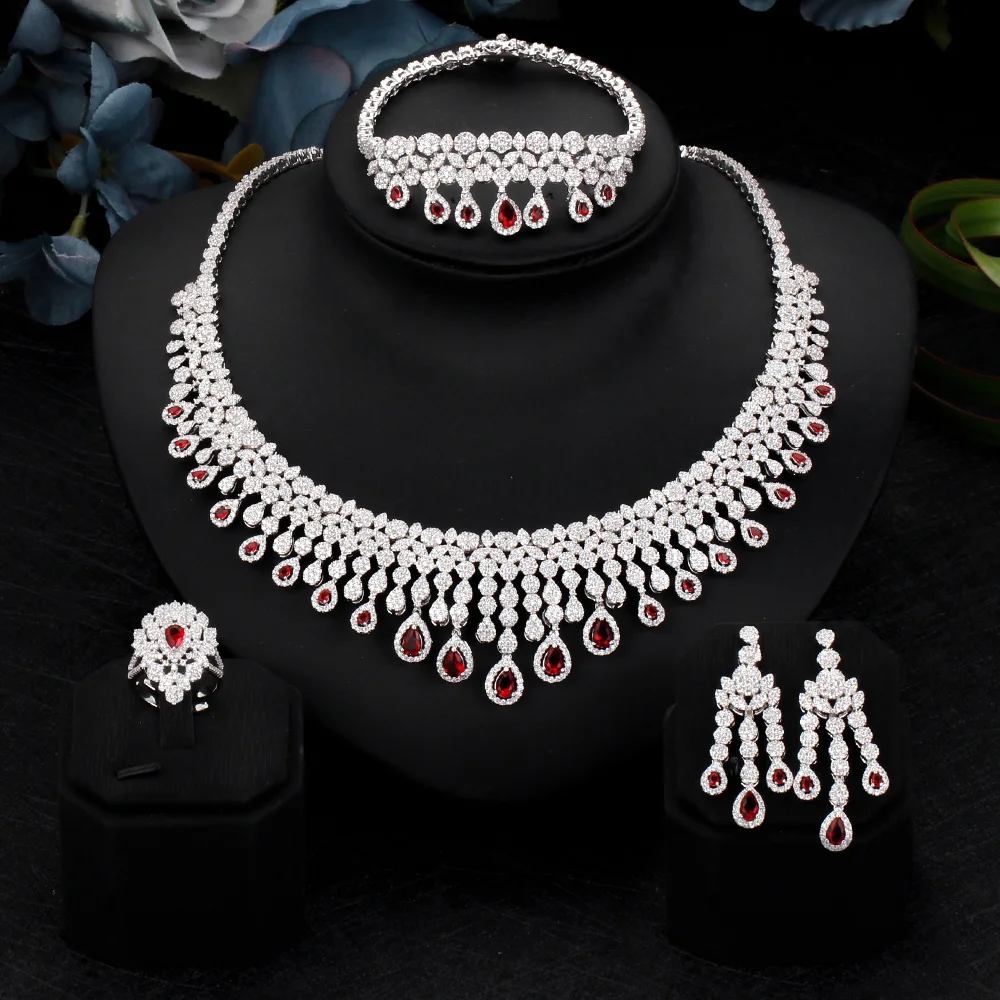 Роскошное ожерелье, браслет с фианитами, серьги, кольцо, 4 шт., полный дизайн аксессуаров для свадебной вечеринки