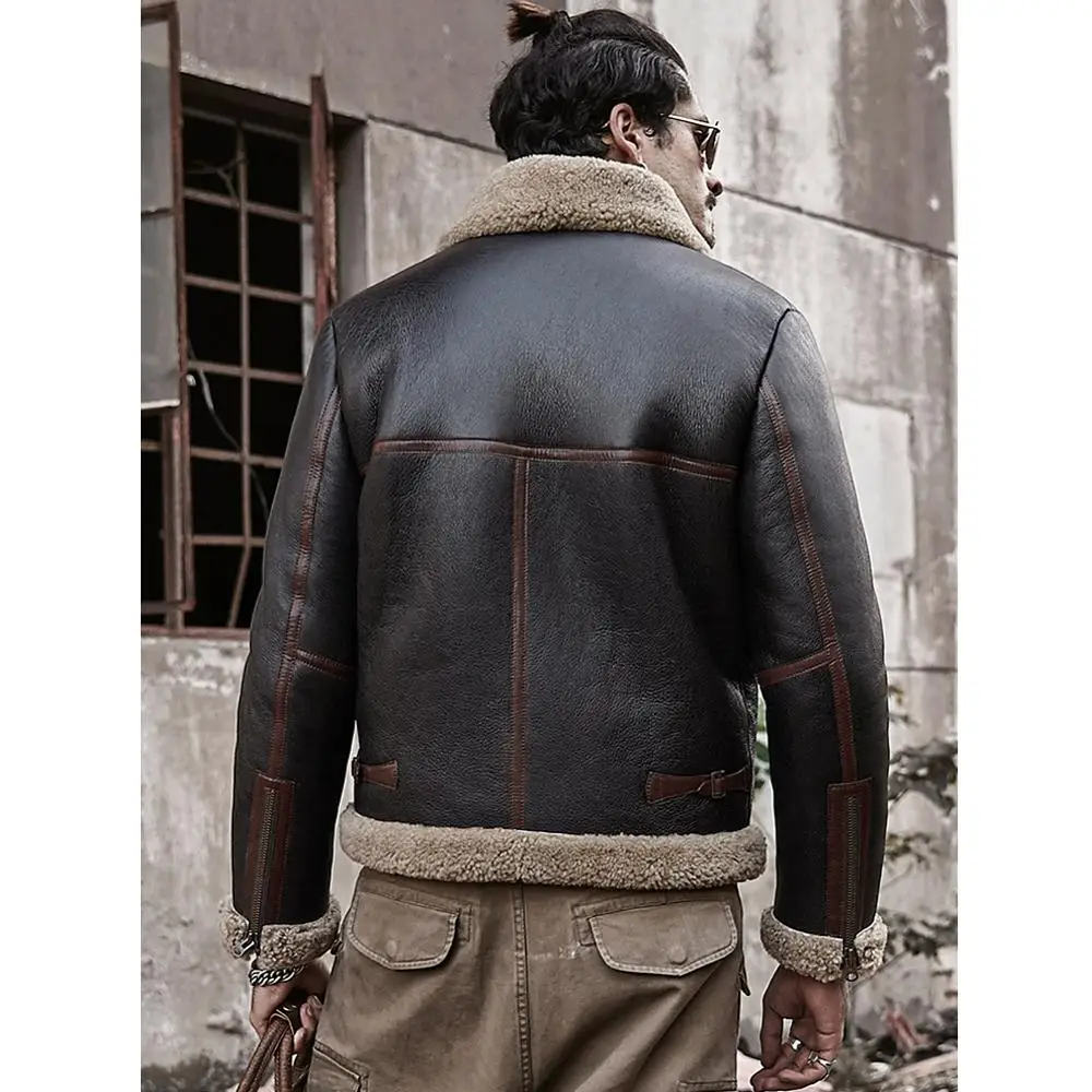 Шуба для мужчин из овечьей шерсти, черная куртка B3 "Бомбер", короткая кожа, новые зимние пальто с мехом.
