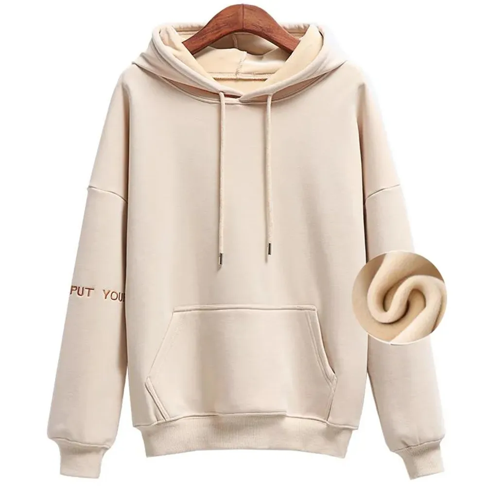 

Women'S Hoodie Autumn & Winter 2021 Fashion Korean Version Plus Velvet Loose Sweatshirt Solid Casual Pullovers S-XL