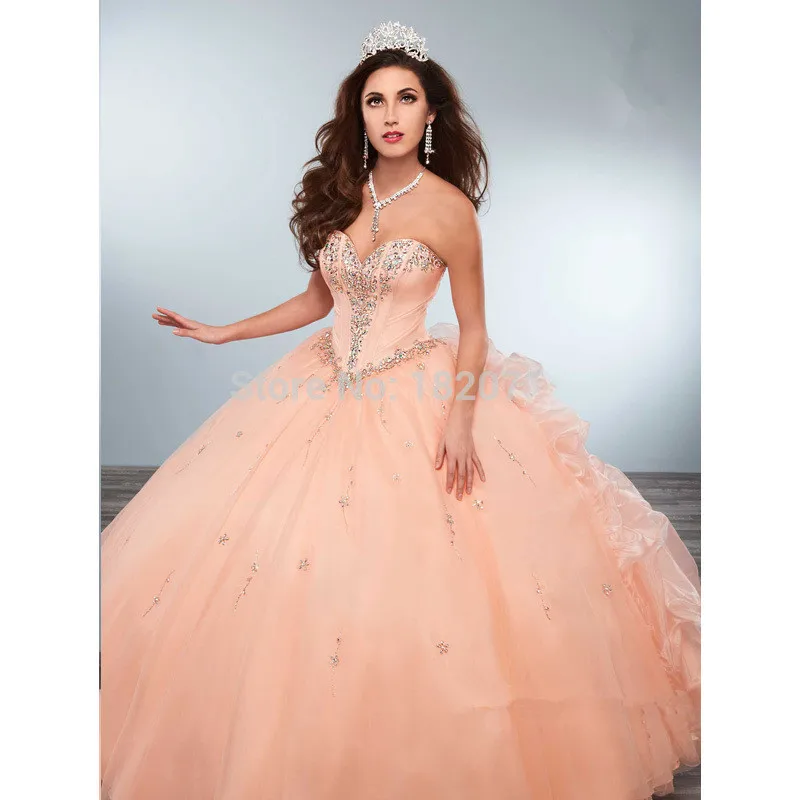 

Персиковые бальные платья Quinceanera, милое платье из органзы с оборками и бисером, дешевые милые платья 16 цветов