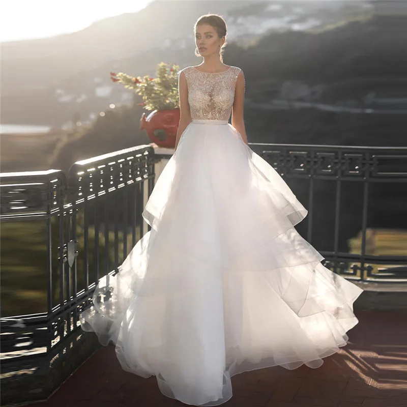 

Кружевное платье с глубоким вырезом и аппликацией из бисера, свадебные платья с оборками, сексуальные свадебные платья без рукавов, 2021 Robe De ...