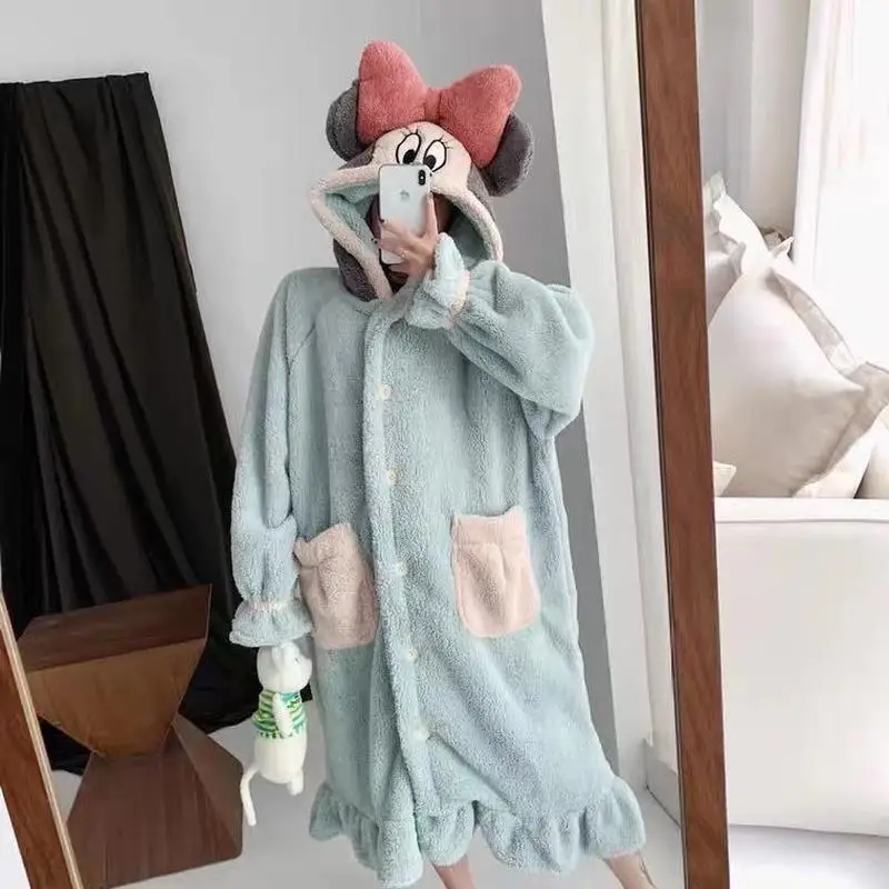 Women's Pajamas Long Plush Coral Velvet Cute Nightgown Autumn and Winter Men's Pyjamas Home Service Hooded Sleepwear Fashion