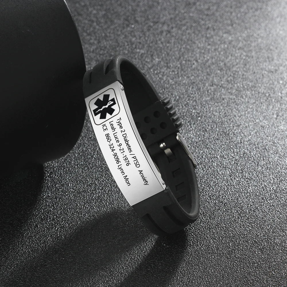 Free Engraving Silicone Adjustable Medical Bracelets Stainless Steel Sports Bracelet Wristband Emergency ID For Unisex | Украшения и