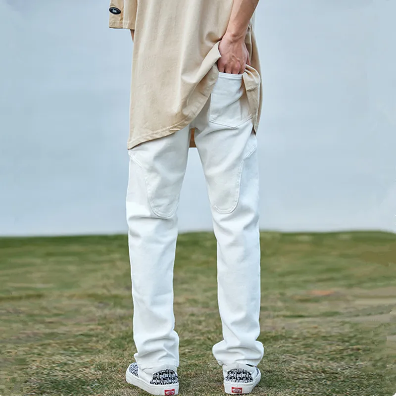 2022 England Style Stylish White Men Baggy Jeans Trousers Ankle Zipper Hip Hop Straight Solid Denim Pants For Teens Ropa Hombre