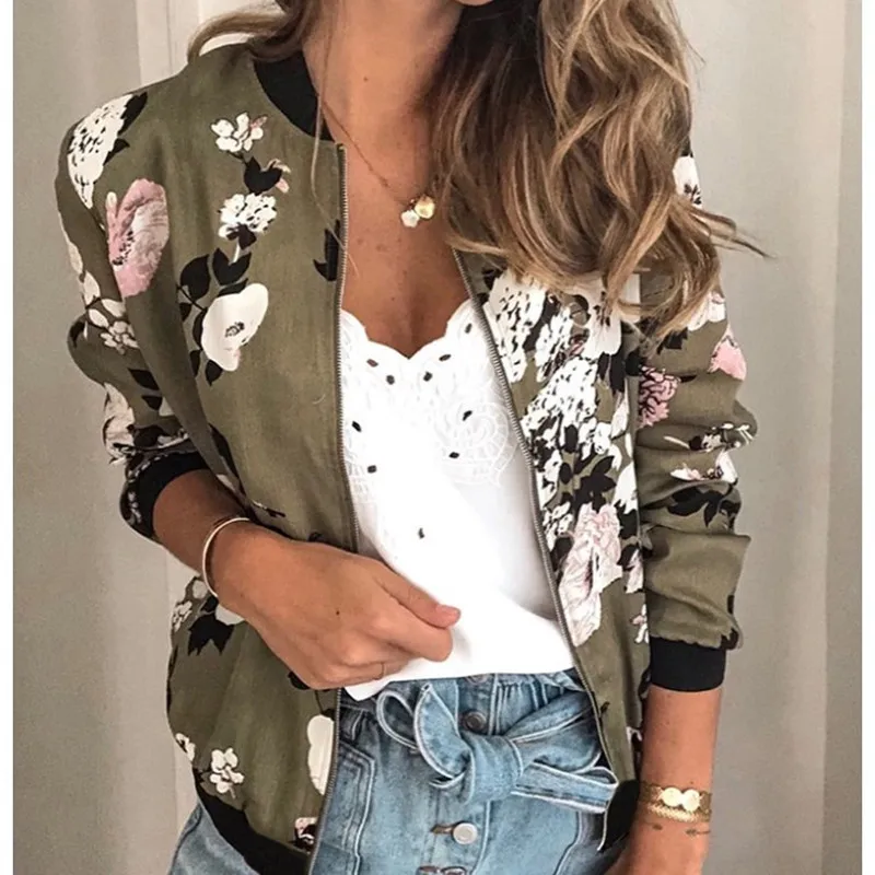 

2021 New Spring Autumn Women Jackets Retro Floral Printed Ladies Zipper Up Bomber Outwear Casual Short Jacket