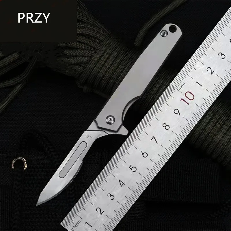 

PRZY Carbon Steel Surgical Blade Knife Titanium Alloy Handle Folding Knife Carving Pen Knife Portable Utility Knife Little Knife