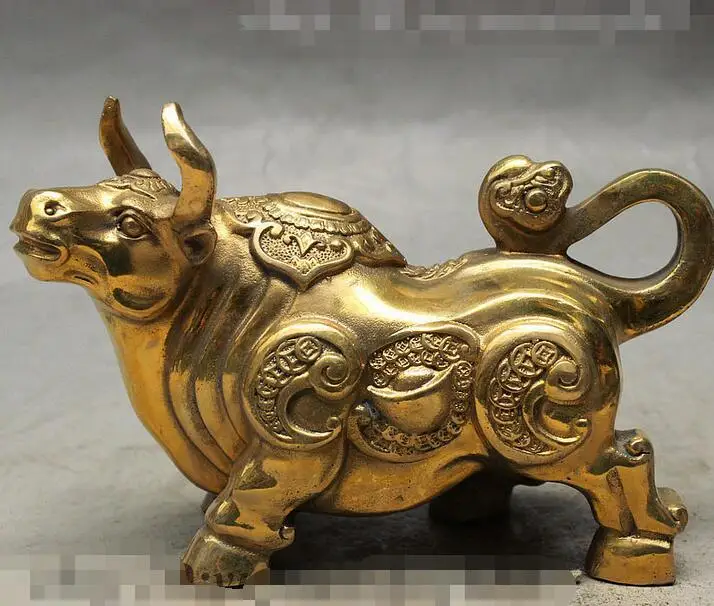 

Folk Chinese FengShui Brass Carved Strong Wealth RuYi Zodiac Bull Oxen Statue