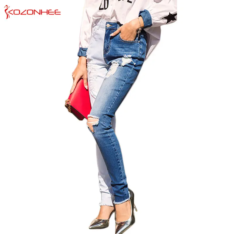 Женские узкие рваные джинсы эластичные карандаш с дырками двухцветные голубые #12