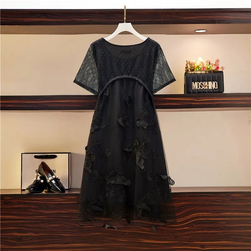 

Черные кружевные вечерние платья 2021 летние женские свободные газовое платье размера плюс 5XL с высокой талией из сетчатого материала, одежда...