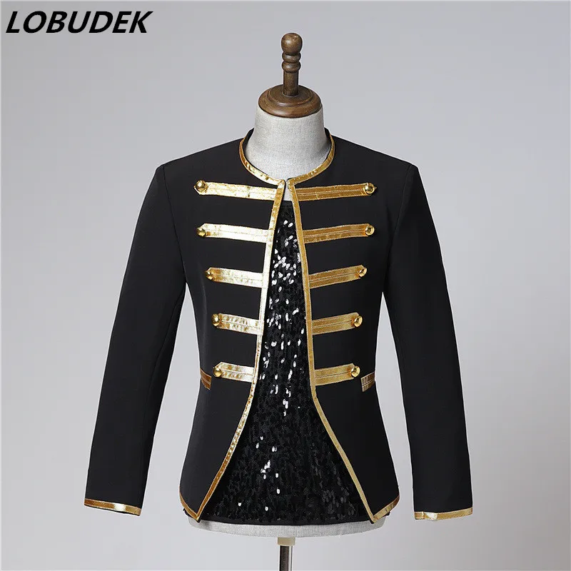 Rock Male Singer Court Coat Gold Stripes Button Round Collar Slim Jacket Nightclub Bar DJ Dancer Team Performance Stage Costume