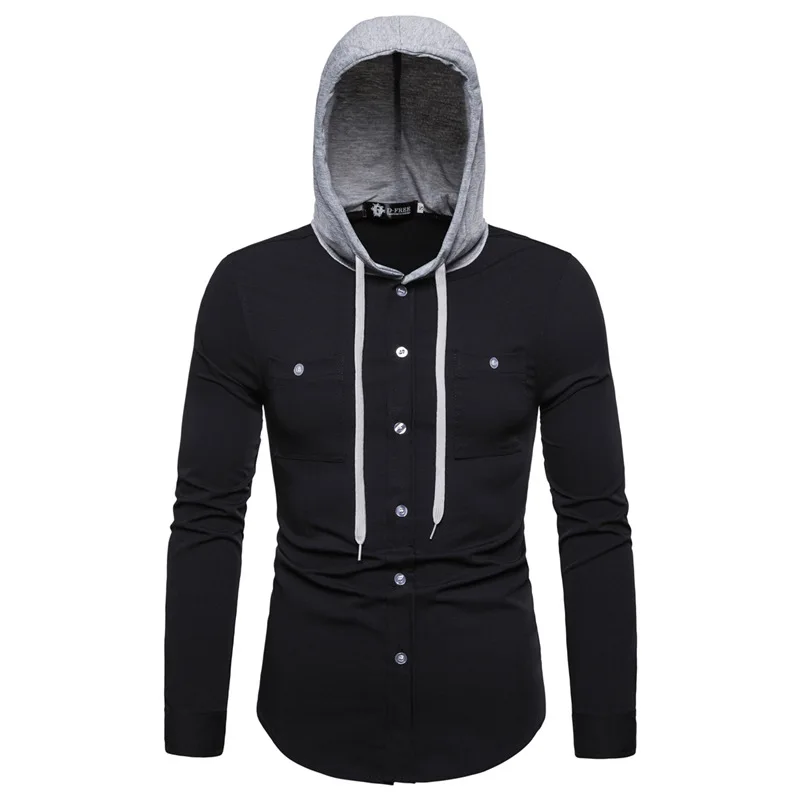 

Men's Hooded Shirt Long Sleeve Color Matching Cardigan Shirt With Pockets Casual Single-Breasted Slim Tops