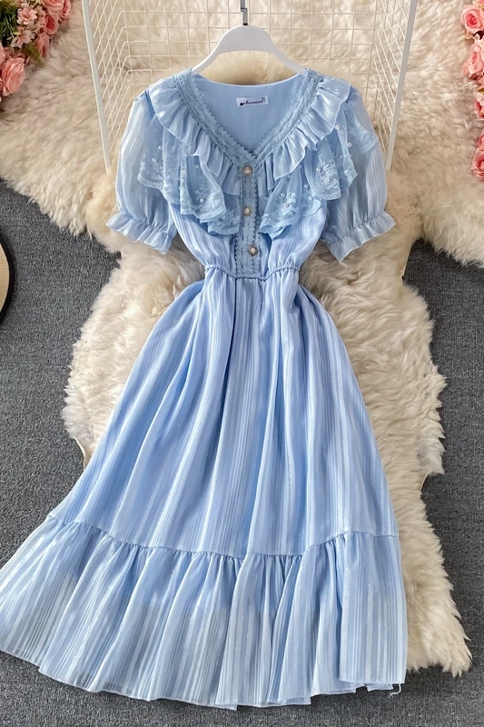 

Korean fashion puff Sleeve A-line dress summer women's V-neck Elastic Waist sweet dress women's elegant ball gown dresses