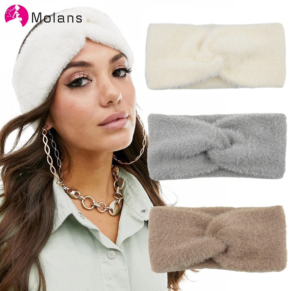 Molans New Knitted Knot Cross Headband for Women Autumn Winter Girl Hair Accessories Hairbands Fluffy Elastic Hair Band Headwear
