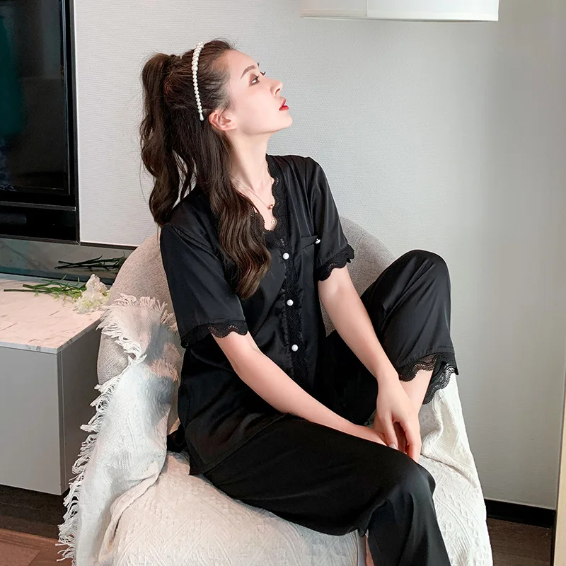 

Summer Autumn Women Faux Silk Pajamas Set Simple Pure Color Leisure Nightwear Short Sleeves Long Pants Sleepwear