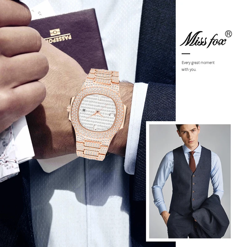 

Dropshipping Missfox Silver Men's Watch Quartz Diamond Watch Men Top Brand Luxury Calender Unique Iced Out Clock Top Selling