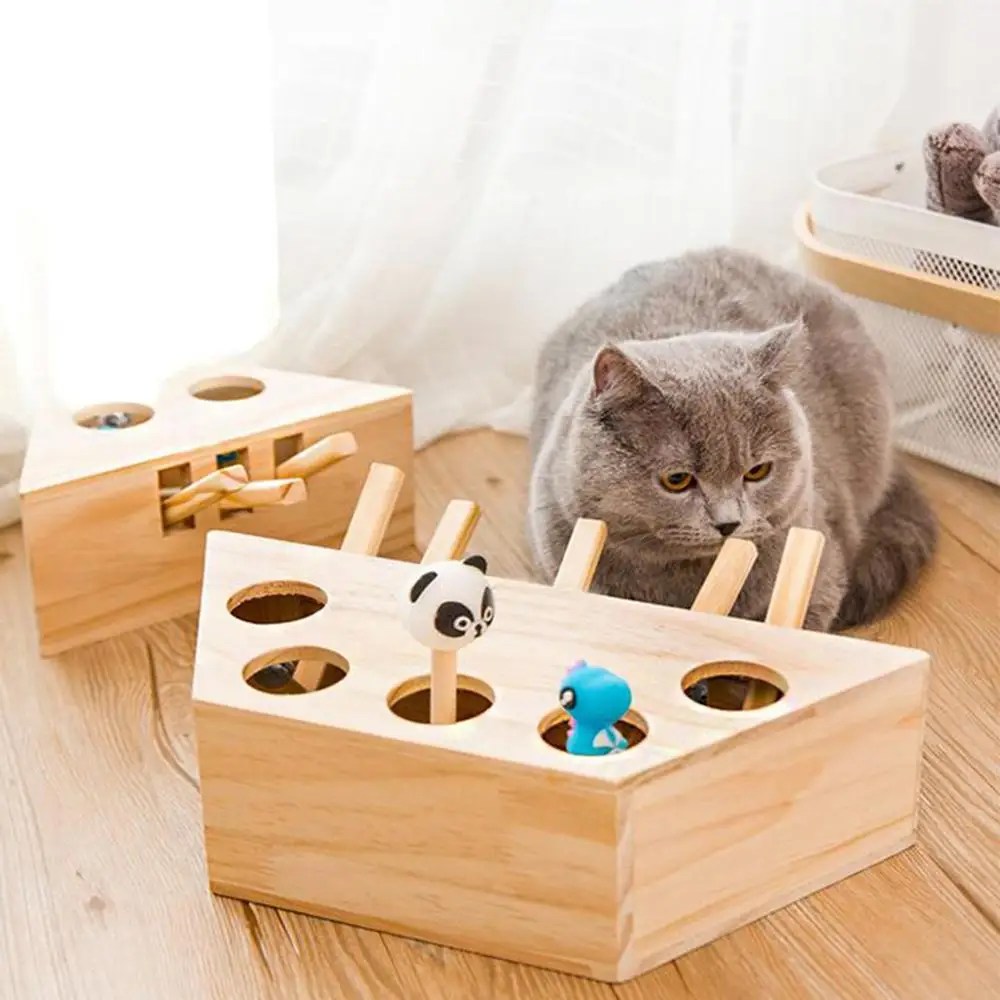 

Cat Hunt Toy Chase Mouse Solid Wooden Interactive Maze Brain Game Pet Hit Hamster With 3/5-holed Mouse Hole Catch Bite Catnip