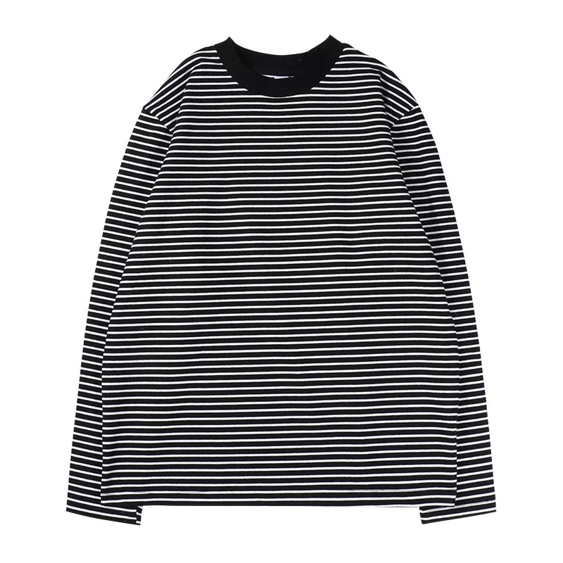 Gyn-Tw003 Heavy Weight Men Black White Striped T-Shirt Casual Simple Classic O-Neck Thicken Cotton Daily Long Sleeve Couple Tees