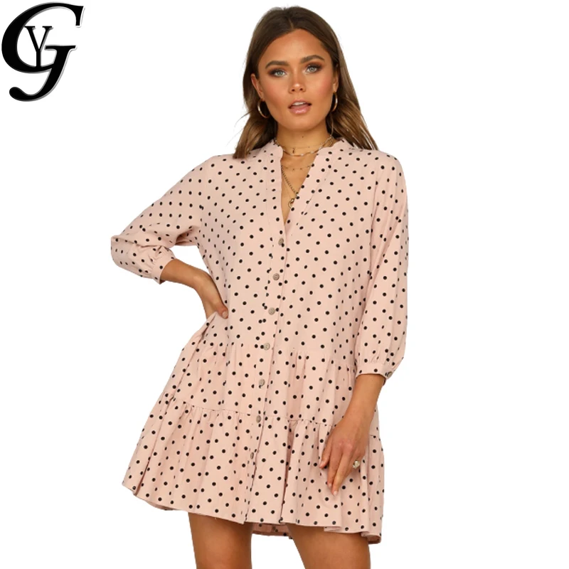 

YG Polka Dot Midi Dresses Women 2020 New Arrival A Line Loose Dresses Casual V-neck Long Sleeve Single-Breasted Button Dresses