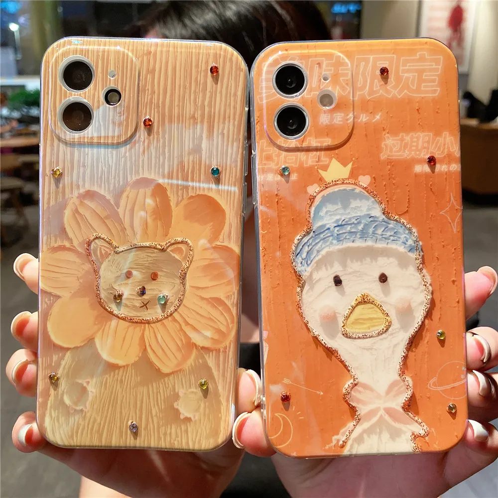 

Cartoon Oil Painting Duck Flower Phone Case For iPhone 13 12 11 PRO MAX XS X XR 7 8 PLUS Silicone Soft Frame Protective Cover