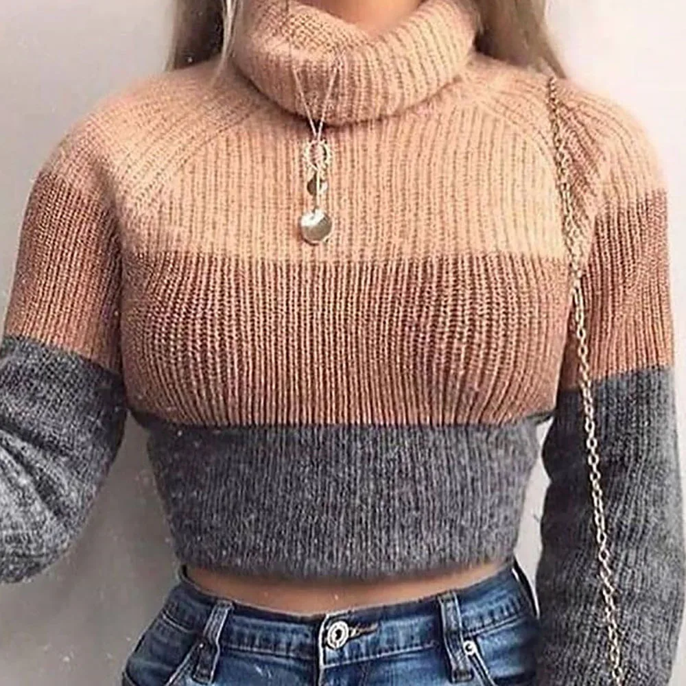 Khaki Криптографические Модные женские свитера с высоким воротником в полоску с длинным рукавом трикотажные пуловеры женские джемперы укороченные свитера на осень - Цвет: Khaki