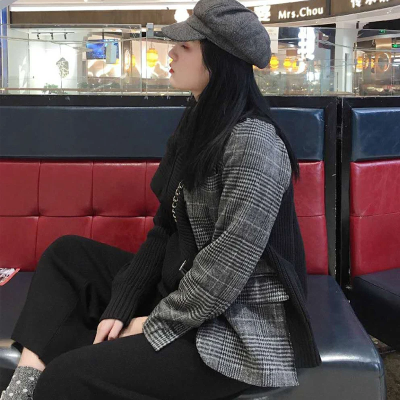 TWOTWINSTYLE вязаный лоскутный клетчатый женский свитер водолазка с длинным рукавом