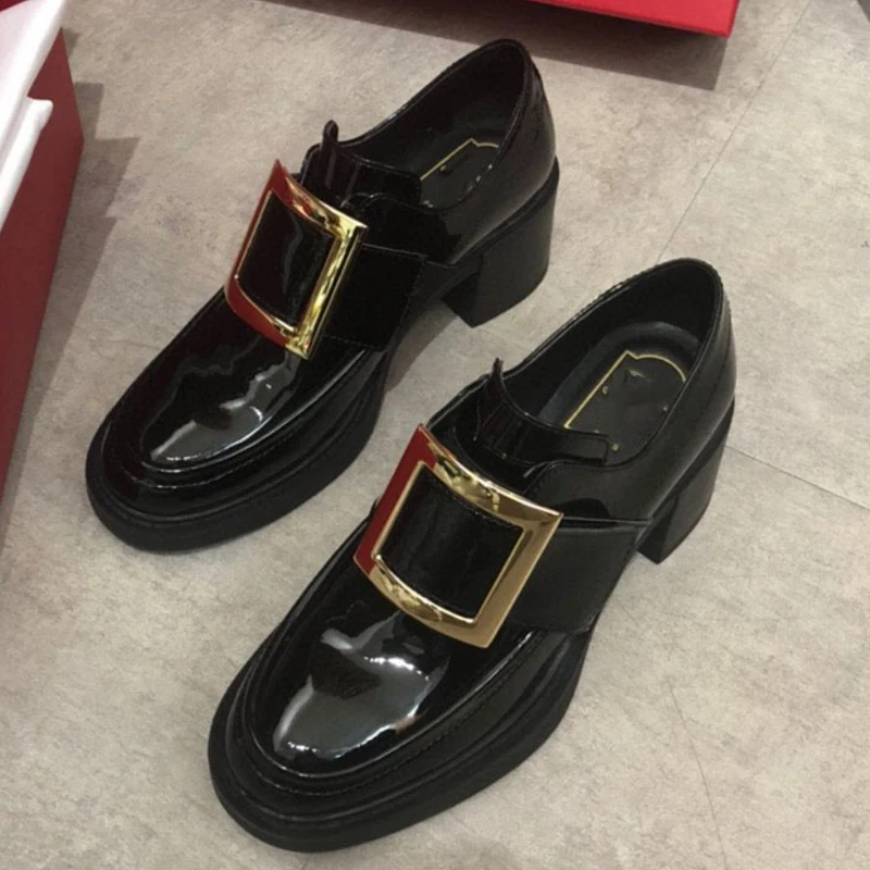 

Retro Square Buckle Thick-soled Single Shoes Genuine Leather Round Toe Zip Square Heel Med Slip-on Woman Shoes Slip-on Loafers