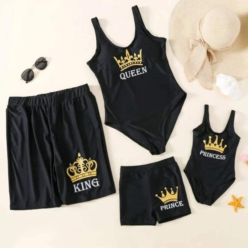 Women Letter Black Queen Swimsuit Women One Piece Family Matching Swimwear Mother Daughter Kid Son Girl Bathing Suit Men Shorts