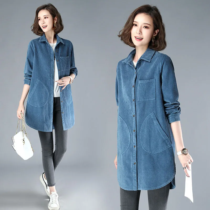 

Women 2021 New Autumn Long Sleeve Casual Vintage Blouse Female Mid-length Corduroy Shirt Blusas Feminina Woman Blouses Loose Top