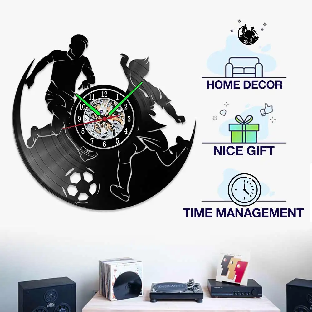 MCDFL Football Vinyl Records Luminous Wall Clock Timepiece Home Living Room Decoration Led Geek Teen Decor Watch Panel Klokken