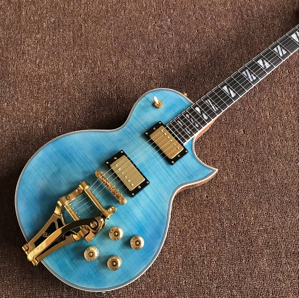 

Custom Classic Blue Tiger Flame jazz electric guitar with vibrato system Golden hardware mahogany body guitarra