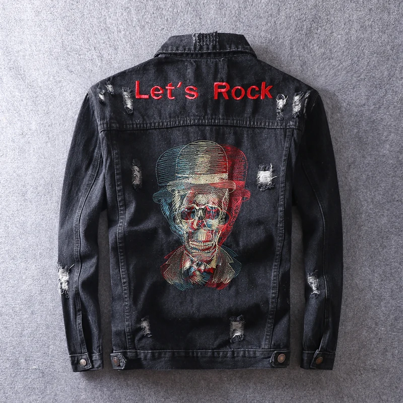 

American Streetwear Fashion Men Jeans Skulls Embroidery Designer Ripped Denim Coats Punk Jackets Men Hip Hop Chaqueta Hombre