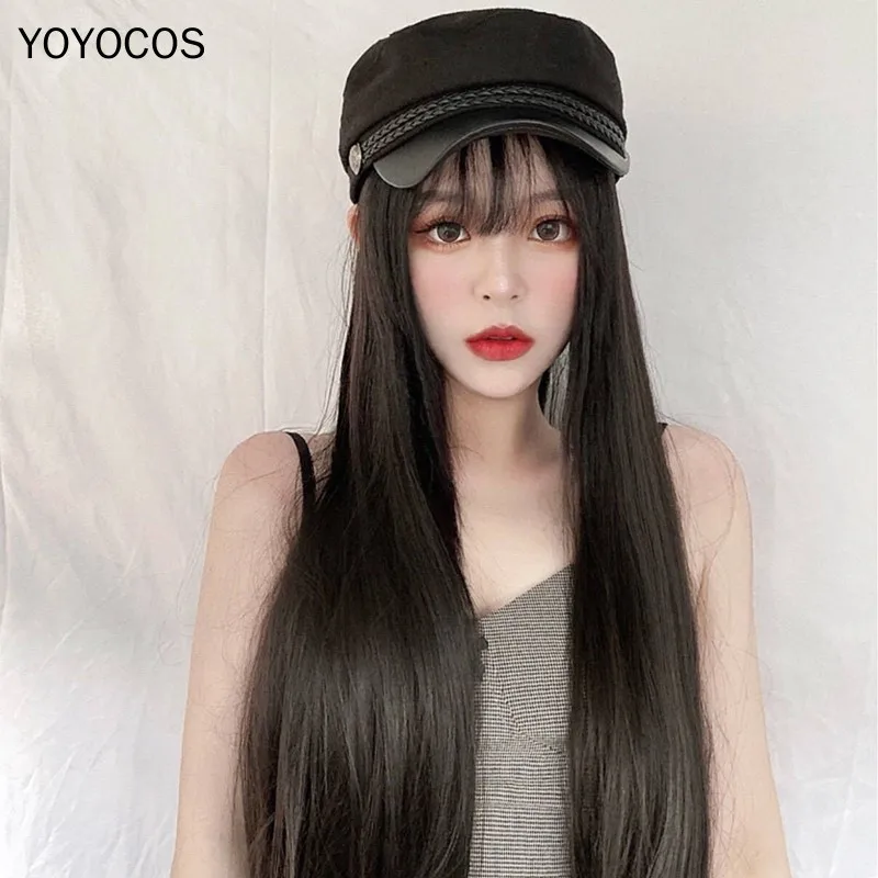 

Dark Brown Long Synthetic Hair Baseball Cap Wig 70cm Natural Black Brown Wave Wigs Party Heat Resistant Sythentic Hair+Hairnet