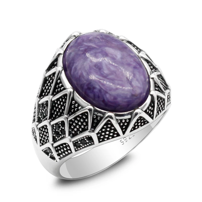Мужское ювелирное изделие кольцо из серебра S925 пробы с натуральным фиолетовым
