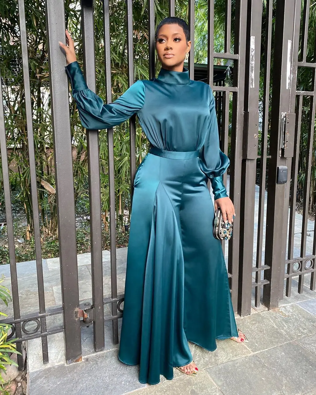 African Women's High Waist Big Flared Satin Fabric One-Piece Skirt Pants High Round Neck Elegant Thin One-Piece Long Skirt Pants