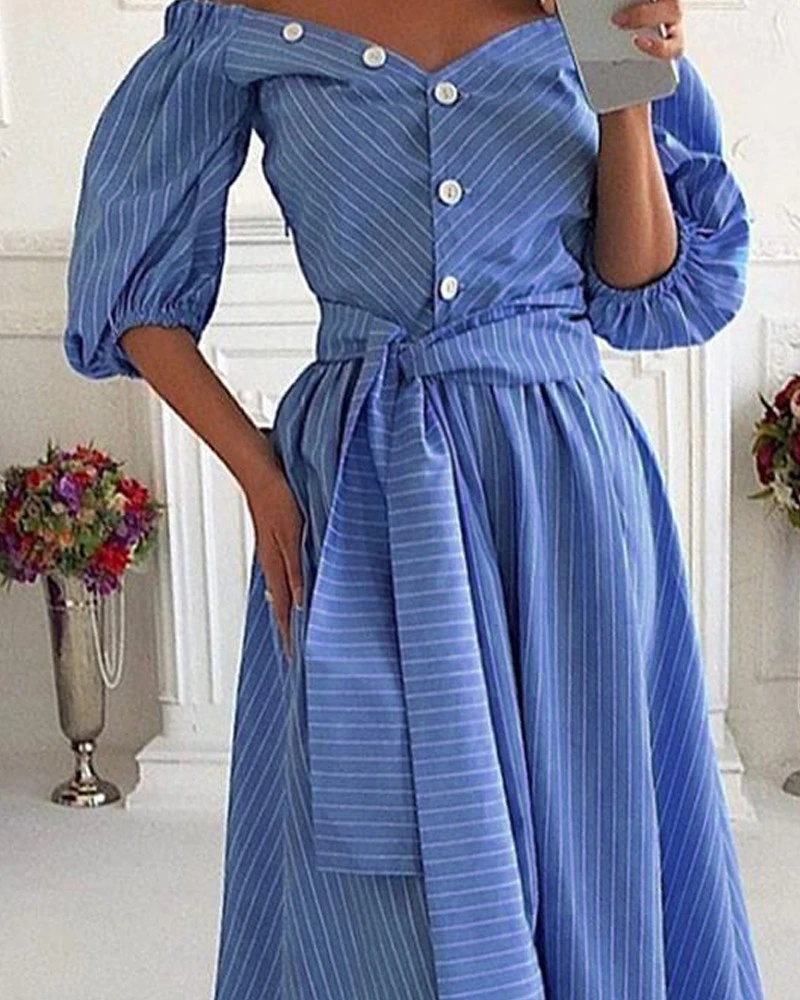 Женское платье с открытыми плечами синее или белое Повседневное миди в полоску