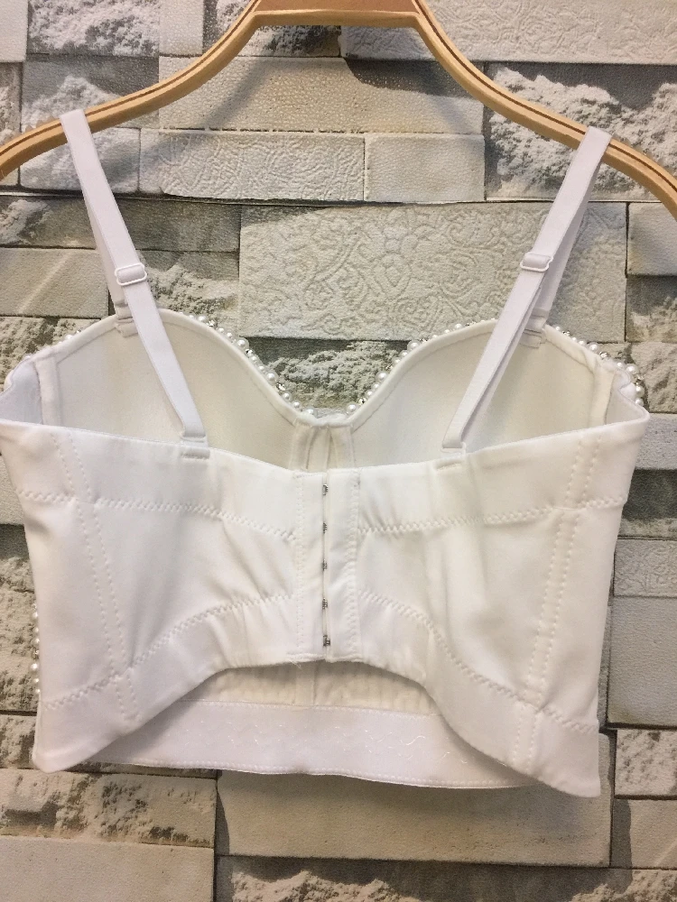 

Sexy Lady Beautiful White Bra Corset Night Club Wear Shiny Pearl Beading Corselet Lingerie Look Bling Stones Corselette Tops