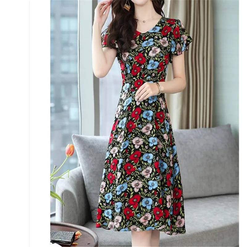 

Шифоновое свободное платье с коротким рукавом, новинка 2020, летние платья с круглым вырезом и принтом, женское Повседневное платье большого ...