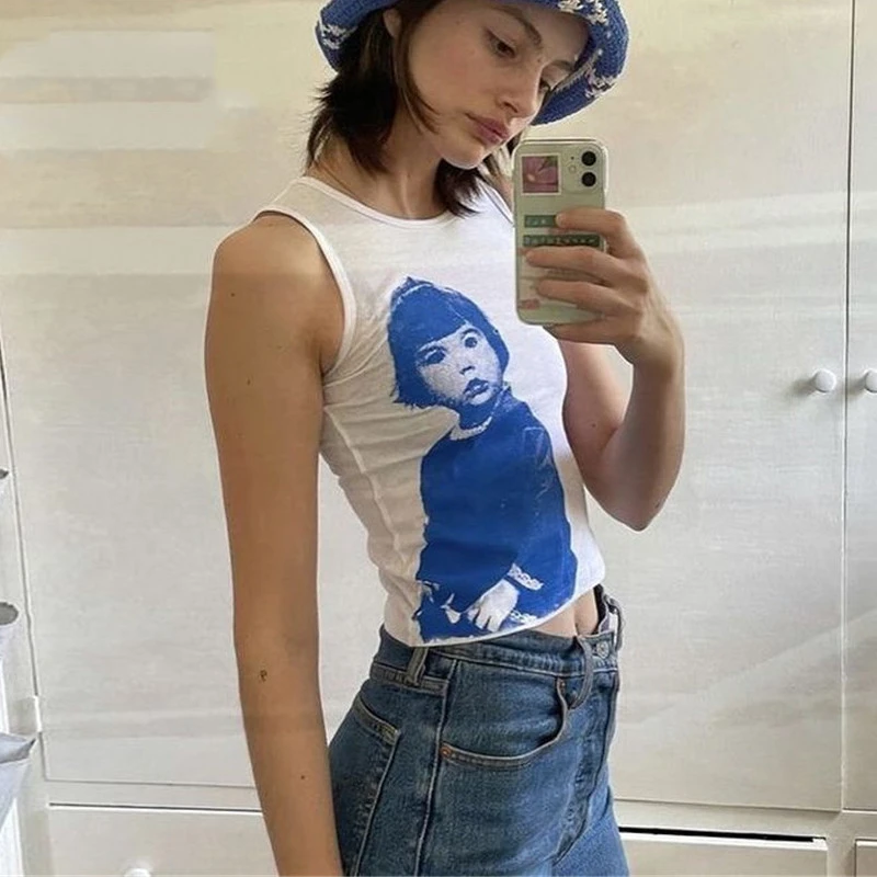 Майка женская с принтом в стиле Харадзюку укороченный облегающий Топ без рукавов