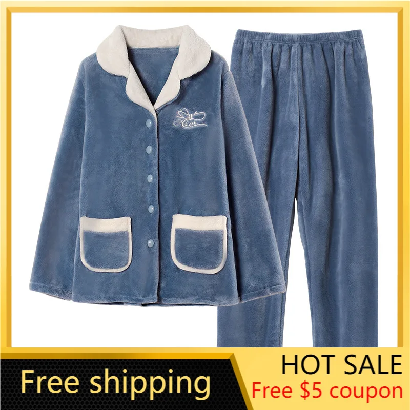 

Flannel Pajamas Women Autumn Winter Thickened Warm Korean Girl Home Wear Coral Velvet Suit Sleepwear Lounge Wear Two Piece Set