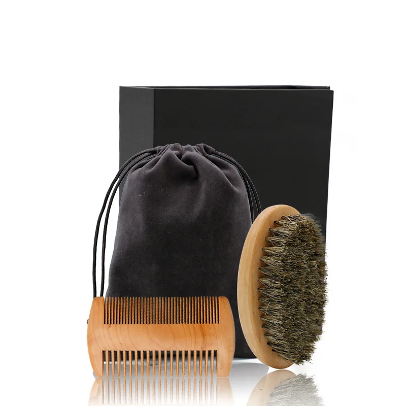 

High Quality Soft Boar Bristle Wood Beard Brush Hairdresser Shaving Tool Men Mustache Comb Kit With Gift Bag Beard Hair Comb Set