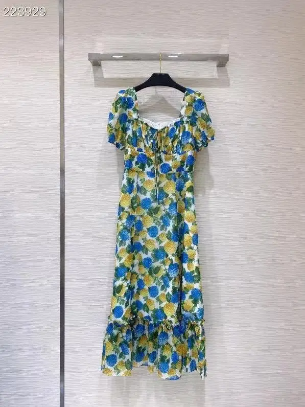 

New Autumn Fashion Designer Midi Dresses Women Square Collar Short Sleeve Flowers Print Empire Ruffles Elegant Party Vestidos