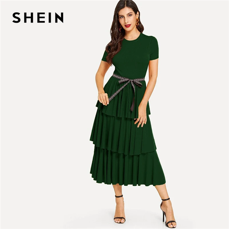 SHEIN Элегантное Длинное Платье с контрастной завязкой на талии, с многослойной оборкой, с высокой талией, женское летнее однотонное офисное платье трапециевидной формы, Платья для вечеринок