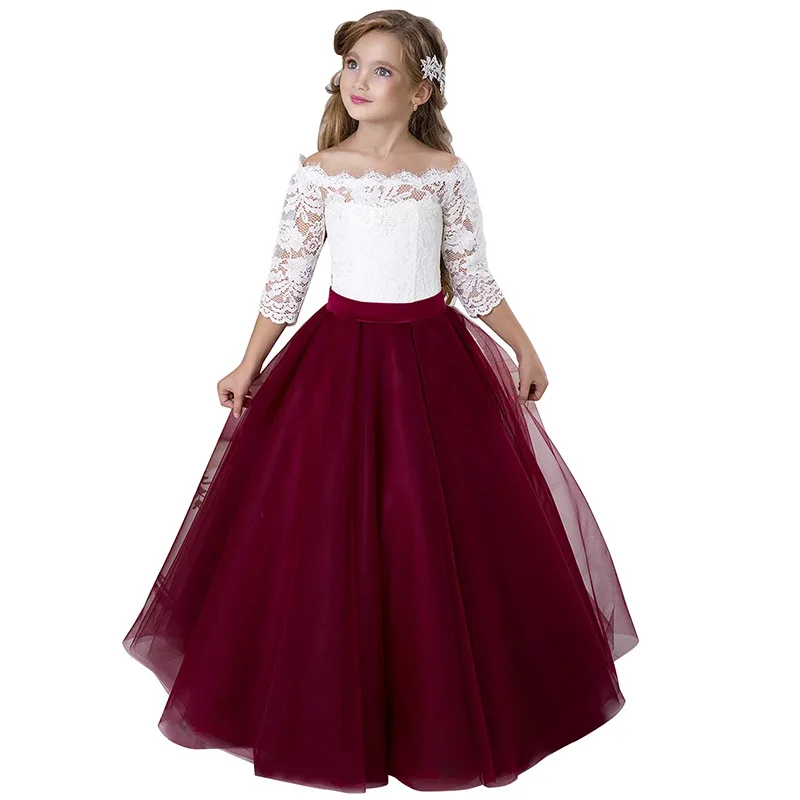 

Gorgeous Burgundy Flower Girl Dresses Scoop Neck Appliqued Long Sleeves Girl Pageant Gowns Lace Bodice Birthday Princess