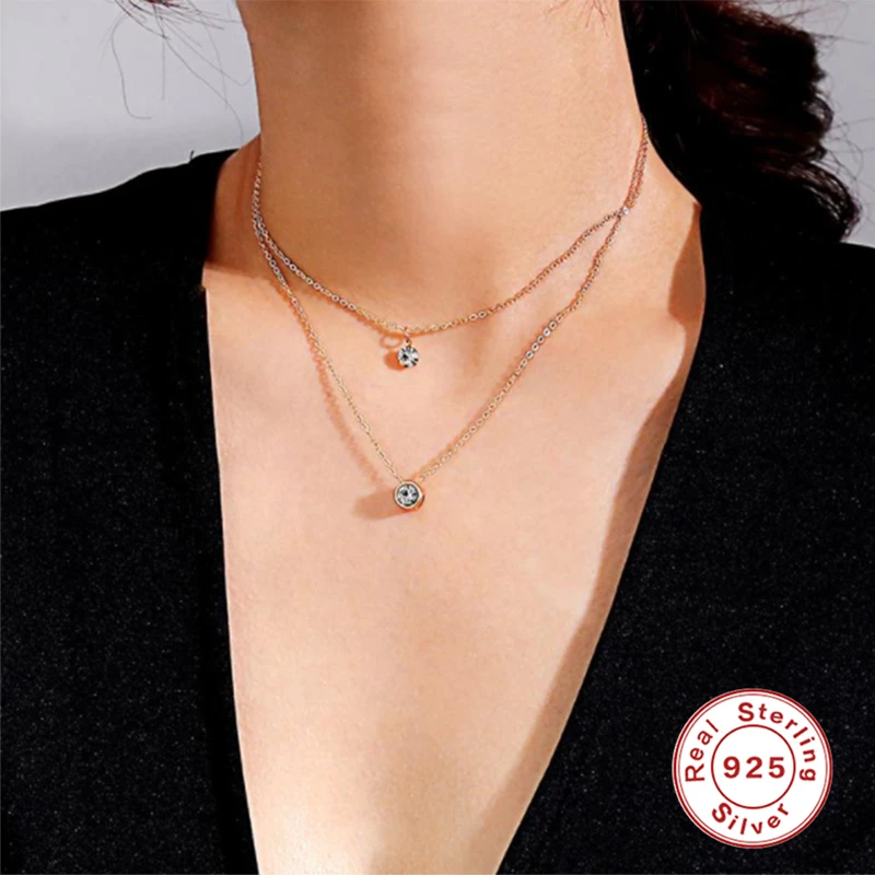 

AIDE 2 Layers Round Crystal Zircon Pendant Necklace For Women Multilayer Chain Choker Necklace Gift Silver 925 Jewelry collares
