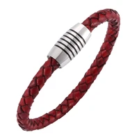 trendy men jewelry red braided leather rope bracelet handmade stainless steel magnet clasp vintage leather bangle gift sp0247