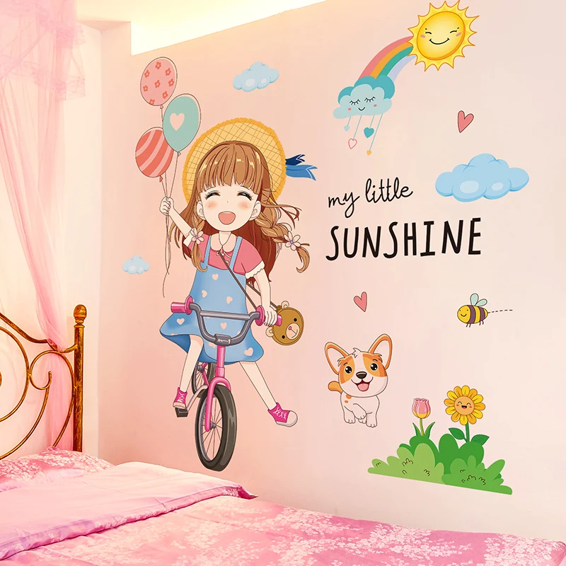 

[SHIJUEHEZI] Cartoon Girl Wall Stickers DIY Bike Balloons Wall Decals for Kids Rooms Baby Bedroom Nursery House Decoration