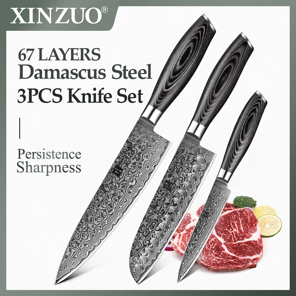 

XINZUO 3PCS Kitchen Knives Sets Japanese Damascus Stainless Steel VG10 8'' Chef 5" Utility 7''Santoku Knife Pakkawood Handle