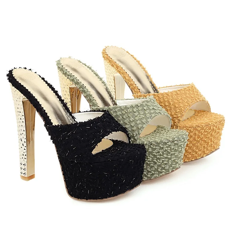 

2021 Summer Platform Square Heels Sandals Slippers Women Fashion High Heels Female Modern Cloth Slippers Casual Shoes Size 33-48