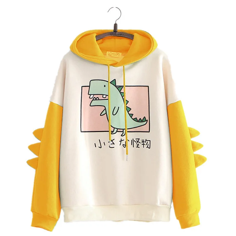 

Модный тренд 2021, женский милый плюшевый теплый свитер с капюшоном и принтом динозавра в колледжском стиле