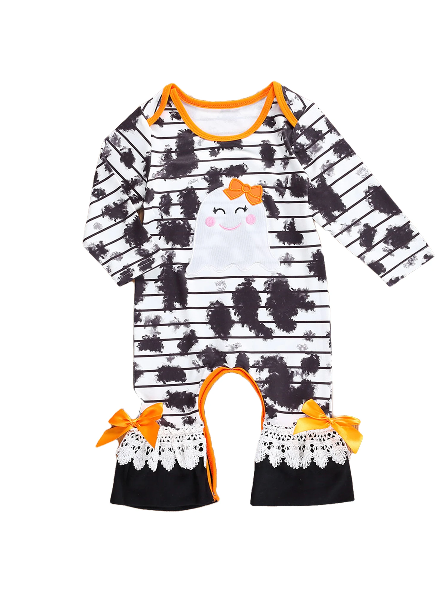 

pudcoco Newborn Baby Girls Halloween Jumpsuits Round Neck Long Sleeve Tie Dye Cartoon Long Romper Overall Clothes 0-24 Months